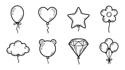 Balloons set including heart, star, flower, cloud, bear, and diamond shapes isolated. Party celebration and holiday decoration elements collection.