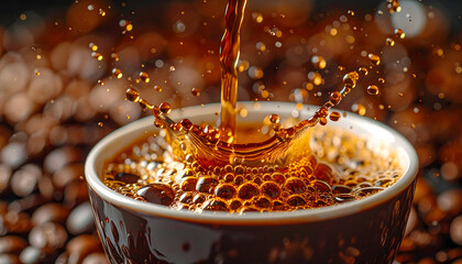 Rich dark brown coffee splashing into a ceramic cup creating intricate bubbles and droplets surrounded by roasted coffee beans with a soft bokeh background and dramatic lighting