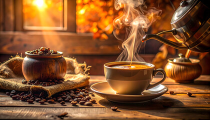 Steaming Hot Coffee Being Poured Into A White Cup On A Wooden Table With Coffee Beans and A Small Pot Filled With Beans Illuminated By Warm Sunlight Streaming Through A Window With Autumn Leaves