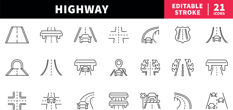 Highway and road editable line icons set. traffic and route symbols