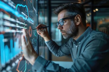 A businessman or an employee is drawing an analytics optimisation chart on the glass screen in a modern panoramic office in New York.