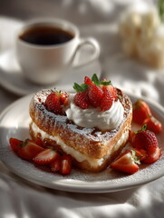Sweet breakfast with heart-shaped pastry, fresh strawberries, and coffee on a soft tablecloth in the morning light