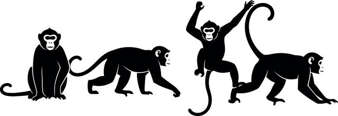 Black and white vector set of monkey silhouettes in various poses including sitting walking and jumping for animal nature design © MD Anas