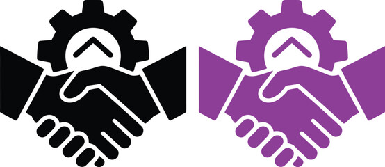 Handshake with Gear Icon Set in Black and Purple Color Isolated on White Background Symbol of Partnership, Industry, and Teamwork