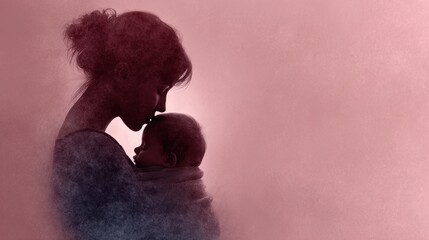 Postpartum Depression, vector of a mother holding a baby, but her own silhouette is filled with a dark