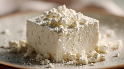 One cube of feta cheese with crumb detail, neutral ceramic plate, soft daylight