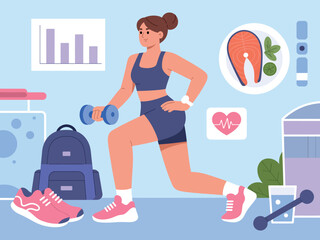 Woman Fitness Illustration &ndash; Exercise, Nutrition, and Hydration Routine