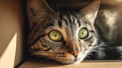 Close-up of tabby cat with striking green eyes curled in a cozy cardboard box.