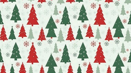 Festive pattern of Christmas trees in red, green, and gray with snowflakes on a light backdrop