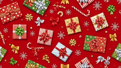 Festive overhead view patterned gift boxes, bows, candy canes, and snowflakes on red