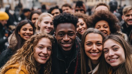 Obraz premium Diverse Group of Friends Smiling Together in a Joyful Crowd Representing Global Unity and Friendship