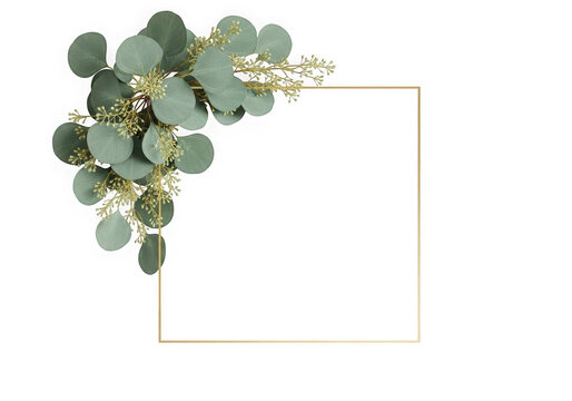 Eucalyptus leaves small yellow flowers decorating a golden square frame, isolated on transparent background