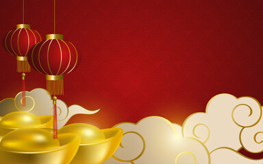 Lunar New Year Wealth and Prosperity Concept. Chinese New Year background featuring traditional red lanterns hanging above and golden ingots symbolizing wealth, prosperity, and good fortune.