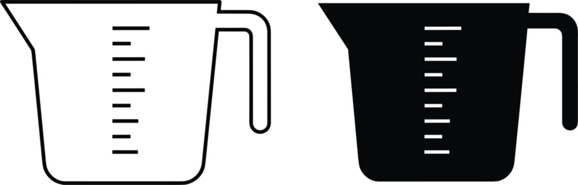 Black outline and solid measuring cup icons set for kitchen cooking baking tools and precise liquid volume measurements.