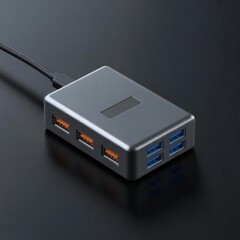 A multi port usb hub with various ports and a cable connection