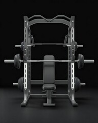 Weightlifting bench press machine with barbell and weights