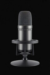 A high quality condenser microphone on a stand against a black background