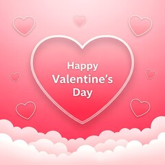 Festive digital graphic featuring a prominent central heart shape with layered outlines conveying a cheerful happy valentine's day message surrounded by smaller floating heart outlines above soft clou