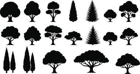 Tree silhouette illustration set, diverse foliage shapes, coniferous and broadleaf icons, landscape design elements, flat vector illustration © RuhulAmin