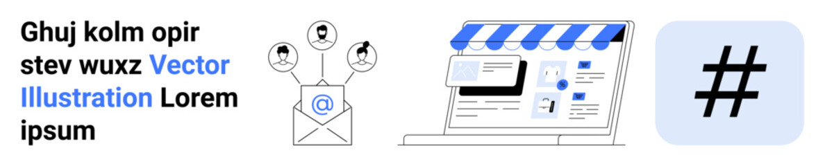 Obraz premium Laptop screen with online store, email marketing icon sending notifications, and metadata tag sign. Ideal for e-commerce, branding, digital strategy, advertisement, social media, communication