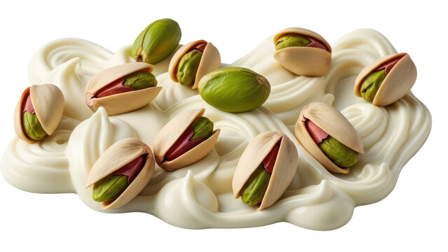 Pistachio nut meat on white chocolate swirl isolated on transparent background green kernel