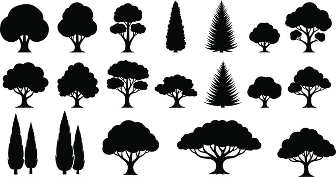 Tree silhouette illustration set, diverse foliage shapes, coniferous and broadleaf icons, landscape design elements, flat vector illustration