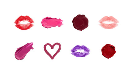 Lipstick texture set including kisses, smears, swatches, and heart shapes in red, pink, and purple isolated. Beauty cosmetics and makeup collection.