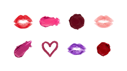 Lipstick texture set including kisses, smears, swatches, and heart shapes in red, pink, and purple isolated. Beauty cosmetics and makeup collection.