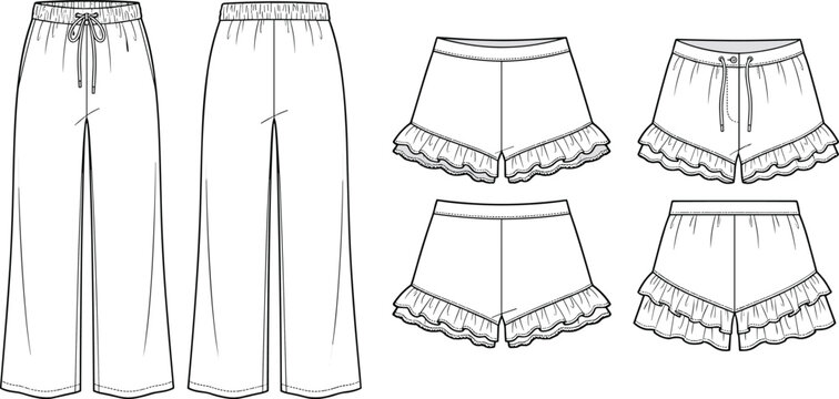 Wide-leg pants sketch, ruffled shorts variations, front and back view, drawstring waist, hem detail, flat vector illustration