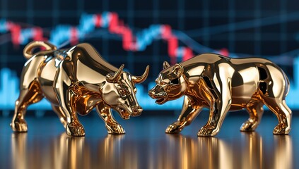 Detailed bull and bear market figures representing financial power struggle, investment opportunities, and stock market behavior