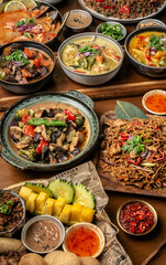 many different thai food dishes on table in modern restaurant in bangkok thailand