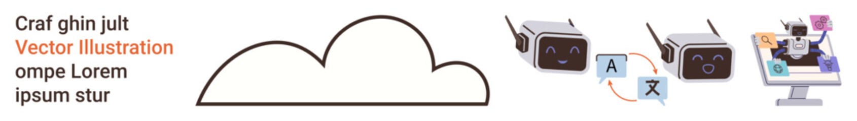 Cloud computing, AI translation, language processing, international communication, digital tools, technology advancements. Cloud with AI-powered translation devices and digital workstations. Cloud