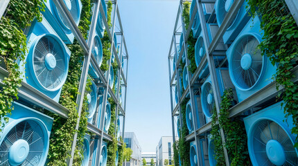 Industrial direct air capture wall with vertical gardens Hedera helix, sustainable carbon capture technology under blue sky - direct air capture focus