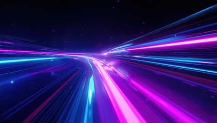 Futuristic neon light speed tunnel representing technology innovation, digital motion, cyber travel, fast data flow, and sci-fi transportation concept