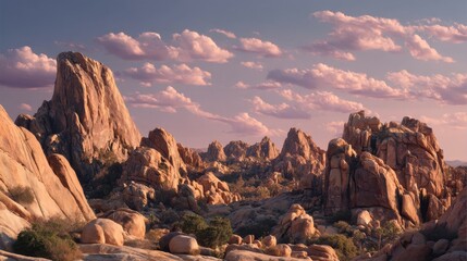 Majestic View of Massive Desert Rock Formations Under a Warm Sunset Sky with Vibrant Clouds and Serene Landscape