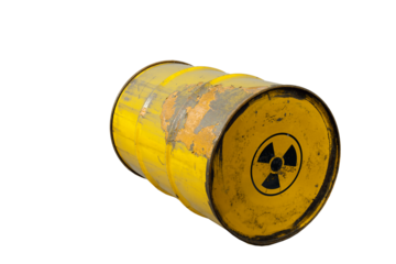 Barrel with radioactive waste. Nuclear warning sign. Rusty dangerous barrel with radionuclide, hazardous toxins on isolated background