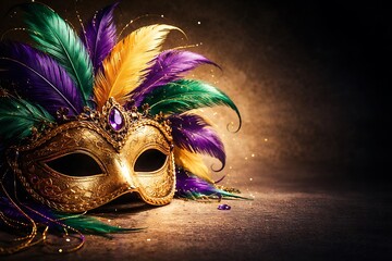 Golden Venetian Mask with Purple and Green Feathers, Carnival Costume Accessory