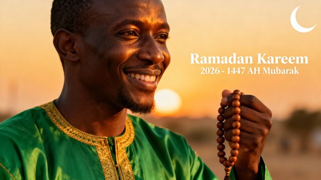 Warm Sunset Portrait of Smiling Senegalese Man in Green Grand Boubou Holding Misbaha, Ramadan Kareem 2026 Greeting Overlay