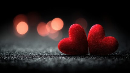 Fototapeta premium Glowing Red Hearts on Luxurious Black Velvet Background with Bokeh Effect for Romantic Themes and Celebrations