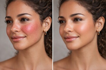 Woman with Flawless Makeup Transformation, Before and After Beauty Treatment