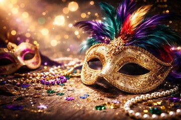 Golden Venetian Mask with Feathers and Jewels on Table