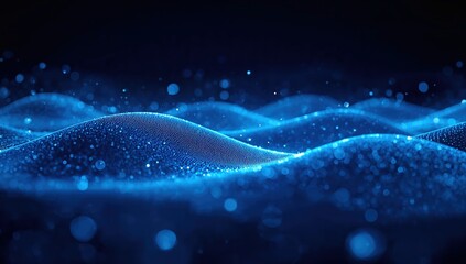 Dynamic blue wave with glowing particles highlighting innovation, data flow, and abstract digital background