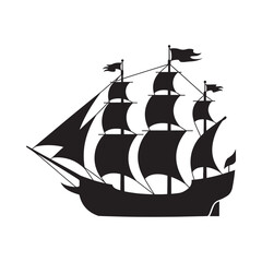 Silhouette of a historic sailing ship with tall masts and billowing sails