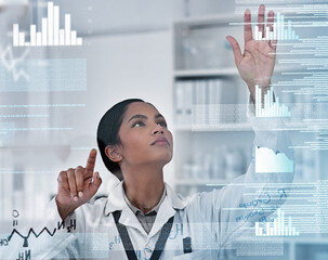 Woman, science and formula with futuristic overlay on glass, research process for vaccine with dna analytics. Female scientist, working and lab with planning for medicine, development or strategy