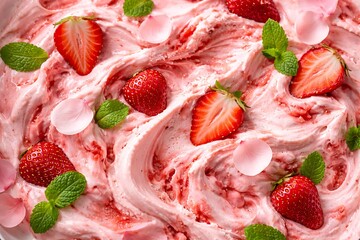 Strawberry Cream Dessert with Fresh Mint Leaves and Strawberries