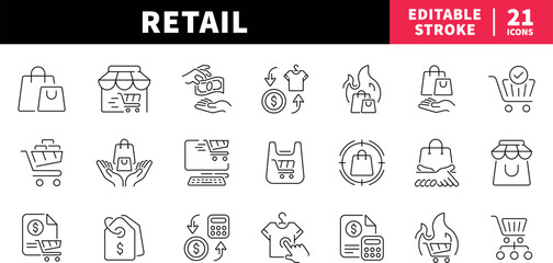 Retail editable line icons set. shopping and commerce symbols