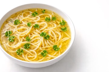 Bowl of Chicken Noodle Soup with Fresh Parsley Garnish on White Background