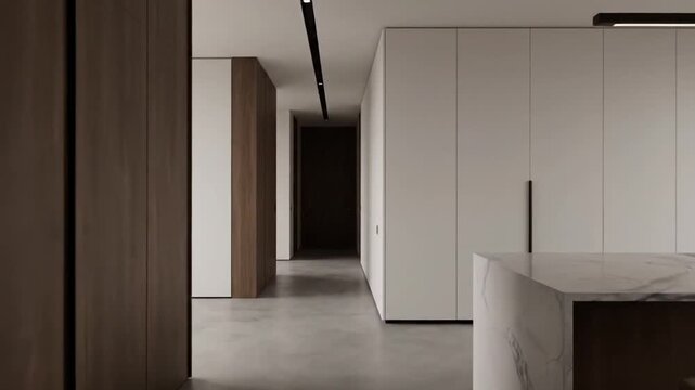 Modern minimalist kitchen interior with sleek white cabinets and dark wood accents.