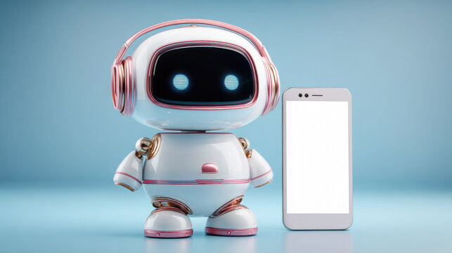 Cute futuristic robot with headphones standing next to a smartphone with blank screen on blue background. Concept of AI assistant, chatbot, customer support and modern digital technology - Powered by Adobe