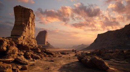 Stunning Sandstone Formations in Desert Landscape During Golden Hour at Dusk with Colorful Cloudy Sky